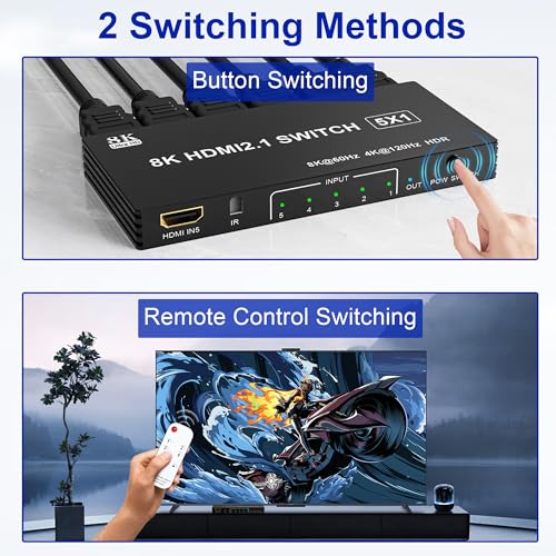 8K@60Hz HDMI 2.1 Switch 5 in 1, 4K@120Hz HDMI Switcher Selector with Remote, HDMI Splitter Support 48Gbps HDR 10+ Dolby Vision/Atmos HDCP 2.3 CEC for PS5 4 Xbox TV Game PC Roku