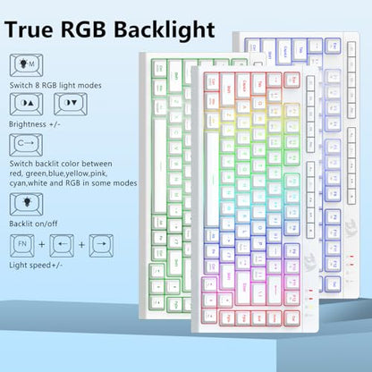 Redragon Wireless Gaming Keyboard, Bluetooth/2.4GHz/USB-C Wired, RGB Backlit, Portable 75% Mini Quiet Macro Membrane Keyboard, Rechargeable 4000mAh Battery, Anti-Ghosting for Win/MAC, White - color: White