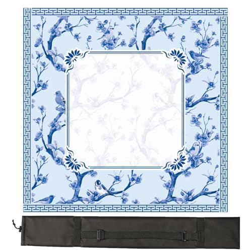 Chinoiserie Mahjong Mat with Carrying Bag,Rubber Anti Slip and Noise Reduction Multi Purpose Game Table Cover for Card, Board Tile Games 31.5" x 31.5" Blue - color: Blue