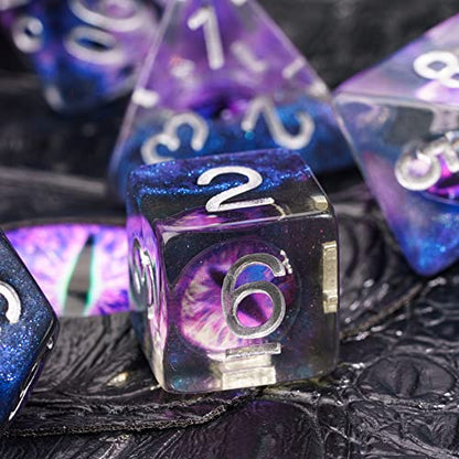Cusdie 7-Die DND Dice, Polyhedral Dice Set Filled with Eyeball, for Role Playing Game D&D Dice (Purple Eyeball) - color: Purple Eyeball