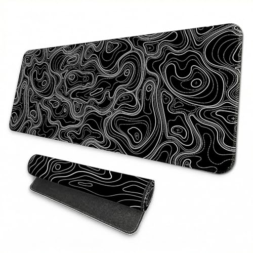 Topographic Gaming Mouse Pad 35.4x15.7 Inch, 0.12 Thickness, Extended Full Desk Mat, Non-Slip Rubber Base, Water Resistant Surface, Black Mousepad for PC Gaming, Office, E-Sports - color: Black Topographic Map