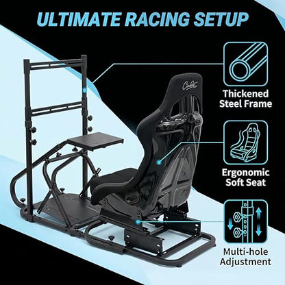 Racing Simulator Cockpit with Monitor Mount and Strong Fiberglass with LOGO Bucket Seat, Racing Wheel Stand Compatible with Fanatec, Thrustmaster, Logitech, Moza Racing Games on PS5, PS4, Xbox and PC - color: Cockpit+Black LOGO Seat