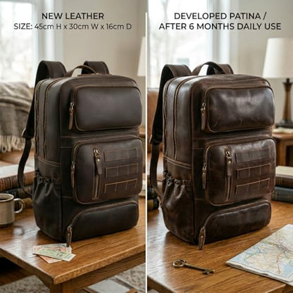 Full Grain Leather Backpack for Men, 17" Laptop Travel Rucksack, Brown | Premium Cowhide Leather, YKK Zippers, Business Trip, 32L, Ergonomic S-Straps, Water Bottle Pocket