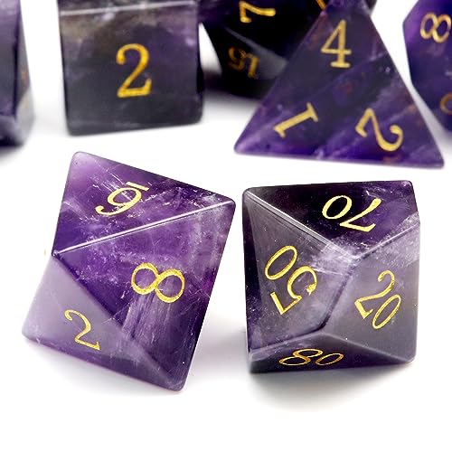 Haxtec Natural Amethyst Gemstone DND Dice with Premiun DND Dice Case Semi-Precious Gem D&D Dice Compatible with Dungeons and Dragons TTRPG Gift - color: Purple