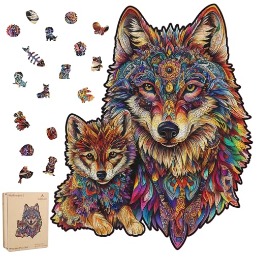 Ruikiyart Wooden Puzzles for Adults, 500 Pieces Wolf Wood Jigsaw Puzzles, Animal Puzzles for Kids Unique Shaped Puzzle Family Games for Adults Home Decoration (15.4"*18.6") - color: Wolf Head-2, size: 500 Pieces