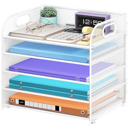 Cawukege 5 Tier Paper Organizer with Handle, White Metal Mesh Desk Organizer File Folder Paper Letter Tray Desktop Document Sorter for Classroom, School, Office Accessories Organization and Storage - color: White