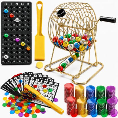 Deluxe Bingo Set with 6-Inch Durable Gold Steel Cage, Magnetic Bingo Wand, 80 Metal-Rimmed Bingo Chips, 75 Calling Balls, 18 Large Cards & Master Board – Premium Bingo Set for Family Nights, Parties