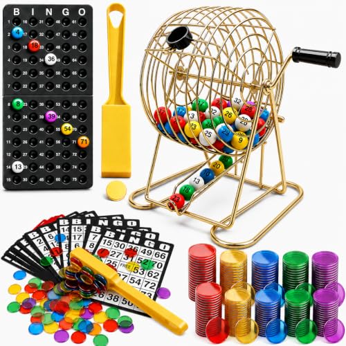 Deluxe Bingo Set with 6-Inch Durable Gold Steel Cage, Magnetic Bingo Wand, 80 Metal-Rimmed Bingo Chips, 75 Calling Balls, 18 Large Cards & Master Board – Premium Bingo Set for Family Nights, Parties