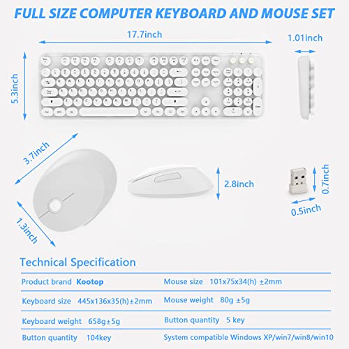 Wireless Keyboard Mouse Combo, 104 Keys Cute Colorful Keyboard with Number Pad & Mouse for Windows, Computer, PC, Notebook, Laptop (White) - color: white
