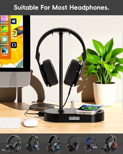 COZOO Headphone Stand with Fast Wireless Charging Pad and 2 USB Charging Ports, Suitable for Gaming, DJ, Wireless Earphone Accessories - color: Black