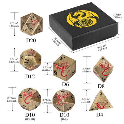 Metal Dice Set, Flat Face Design Dragon Pattern, 7pcs Polyhedral Metal DND Dice Set, DND Starter Set, D&D Gifts with Gift Box, Role Playing Board Games Accessories, Bronze - color: Bronze