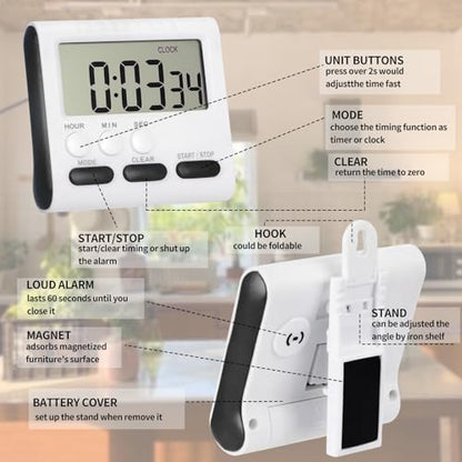 Mudder 6 Pack Digital Kitchen Timer for Cooking, Large Digits, 24 Hour Magnetic Backing Stand Kitchen Timers Clock for Classroom Kids Teachers, Loud Alarm and Large Screen (Black) - color: Black