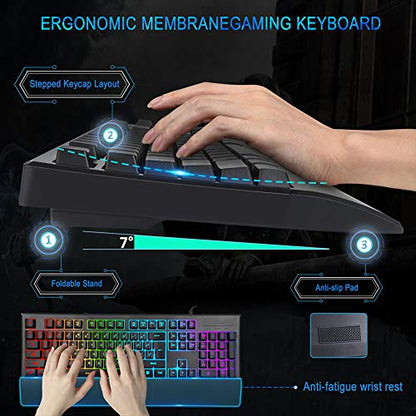 MFTEK RGB Rainbow Backlit Gaming Keyboard, XXL Extended Large Gaming Mouse Pad, LED Lighted Wired Gaming Mouse, Programmable Gaming Keyboard and Mouse Combo for Working