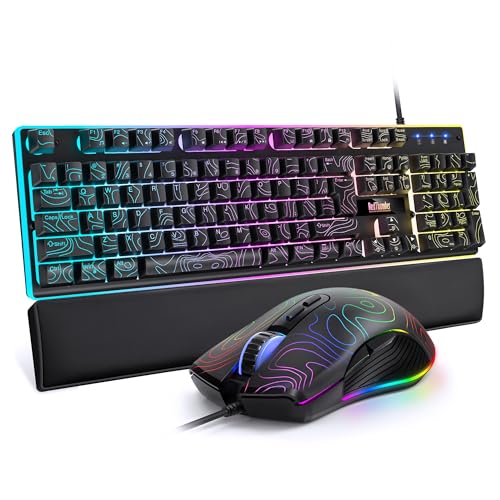 RedThunder K10 Wired Gaming Keyboard & Mouse Combo with Wrist Rest, Adjustable RGB Mechanical Feel Anti-ghosting Keyboard + 7D 7200 DPI Mouse+Soft Leather Wrist Rest for PC Gamers (Black Lines) - color: Black Lines