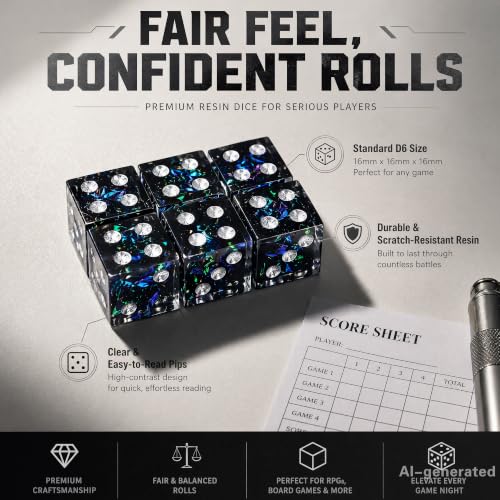 AUSTOR 6 Sided Dice 16mm, 6 Pcs D6 Dice Handmade Sharp Edge Resin Dices Set | Resin Dice 6 Sided, Non-toxic, for DND Tenzi Farkle Yahtzee, with Metal Case - color: Dark Star Silver