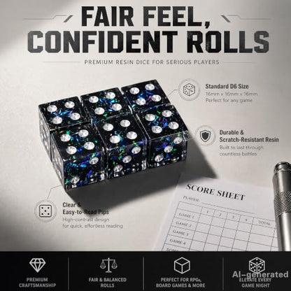 AUSTOR 6 Sided Dice 16mm, 6 Pcs D6 Dice Handmade Sharp Edge Resin Dices Set | Resin Dice 6 Sided, Non-toxic, for DND Tenzi Farkle Yahtzee, with Metal Case - color: Dark Star Silver