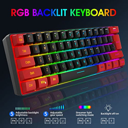 Snpurdiri 60% Wired Gaming Keyboard, RGB 61-Key (Red and Black) | Ultra-Compact Backlit Small Gaming Keyboard for PC Computer Gamer - color: Red and Black