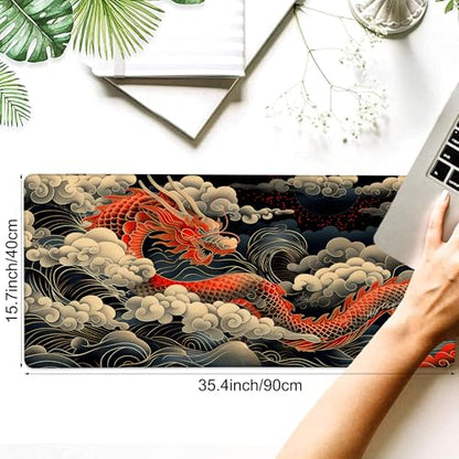 Desk Pad, Japanese Wave and Red Dragon Auspicious Clouds XXL Gaming Mouse Pad with Stitched Edges,Non-Slip Waterproof Rubber Base Large Desk Mat for Keyboard and Mouse 35.4"x15.7" - color: Colour5, size: 35.4" x 15.7"