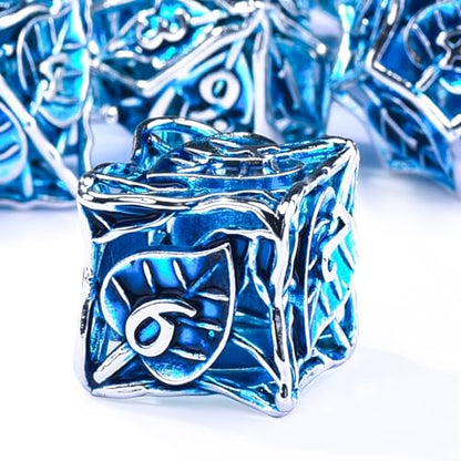 AUSTOR Metal DND Dice Set 7 Pieces Leaf DND Dice Hollow Polyhedral Dice D20 D12 D10 D% D8 D6 D4 Metal Dice with Metal Box for Dungeons & Dragons RPG Board Games (Blue & Silver) - color: Blue & Silver