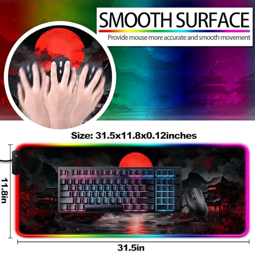 RGB Japanese Dreamy Lakescape Full Moon Gaming Desk Mat, Computer Keyboard Large Extended Long LED Mouse Pad for Office and Home, XL (W07) - color: Rgb-w07