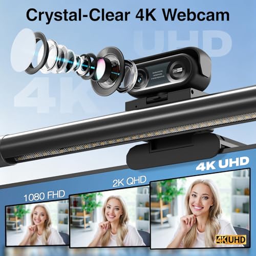 4-in-1 4K Webcam with Microphone and Speaker, Noise Cancellation, Privacy Cover, Auto Light Correction, 90° FOV , Plug & Play USB Camera with Monitor Light Bar, Webcam for PC/Meeting/Online Video