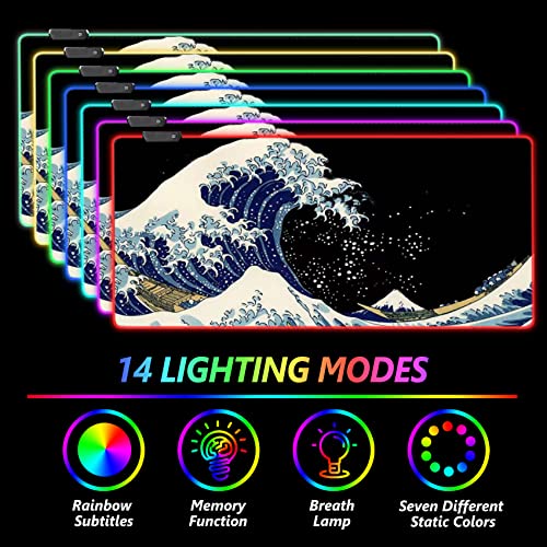 RGB Gaming Mouse Pad Large, AIMSA Keyboard Led Mousepad Extended 35.4 x 15.8 inch Non-Slip Rubber Base with 14 Lighting Modes, Big Desk Mat Waterproof, Big Waves - color: Big Waves