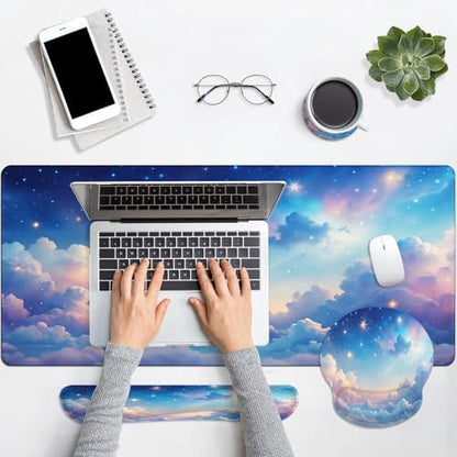 Arttown Keyboard Mouse Pad Set, 4 in 1 Desk Mat Set Starry Sky | Cloud Night Colorful Large Mousepad+Keyboard Wrist Rest+Mouse Wrist Rest+Coaster Ergonomic Design for Home Office Computer - color: Starry Sky