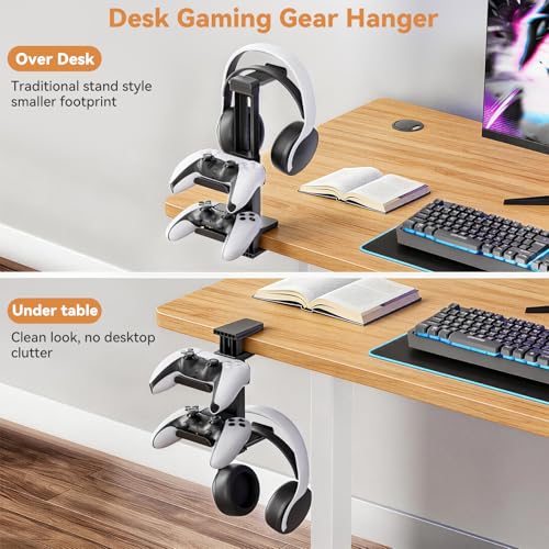 Headphone Stand & Under Desk Controller Holder with Adjustable Clamp, Controller Stand & Headset hanger for Desk Mount with 360° Rotating Hook & Cable Organizer 3-in-1 Game Organizer, Headphone Cases - size: 3 Hooks