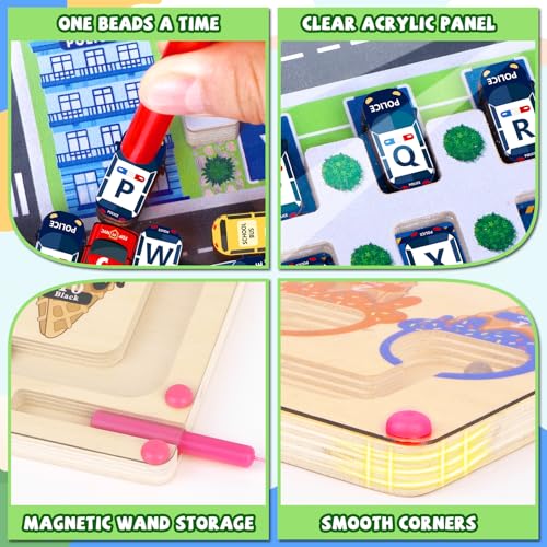 wakeInsa 2 in 1 Magnetic Color and Number Maze,Montessori Toy for 3-6 Years Old,Wooden Magnet Balls Puzzles,Toddler Busy Board Game,Preschool Learning Activities,Christmas & Birthday Gift for Kids - style: Magnet Toys - Ice Cream + Parking Lot