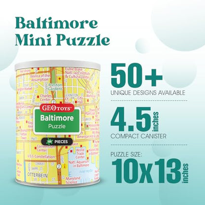 Geotoys Baltimore Mini City Puzzle - 100 Piece Puzzles for Kids and Adults in Portable Can, 13" x 10" Educational Travel Puzzle for Ages 7 and Up - Mini Puzzles to Learn & Explore Geography - style: Baltimore