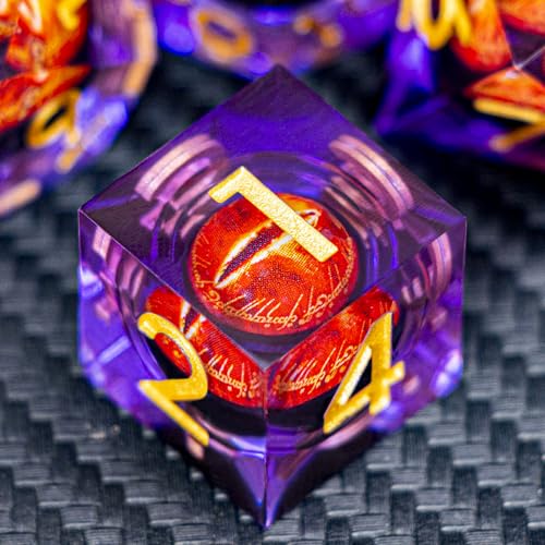 ARUOHHA DND Resin Dice Gazes Eye Dice Purple Gold Liquid Core Flaming RPG Sharp Edged Dice Set with Gift Box, Polyhedral D and D Dice Set Compatible with Dungeons Dragons Role Playing Game D20 D6 - color: Sl01-purple Gold