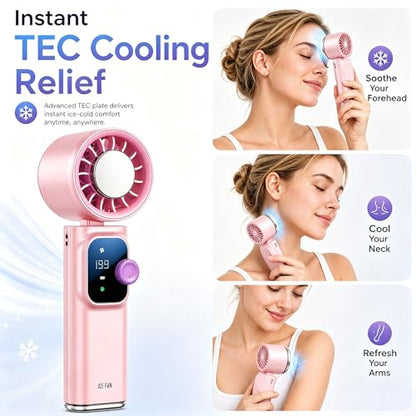 Portable Handheld Fan with Ice Cooling Personal Rechargeable Mini Neck Fan | 20000RPM,199-Speed 4000mAh Battery Powered up to 15hrs with LED Display for Travel, Camping & Outdoor, Pink - color: Pink