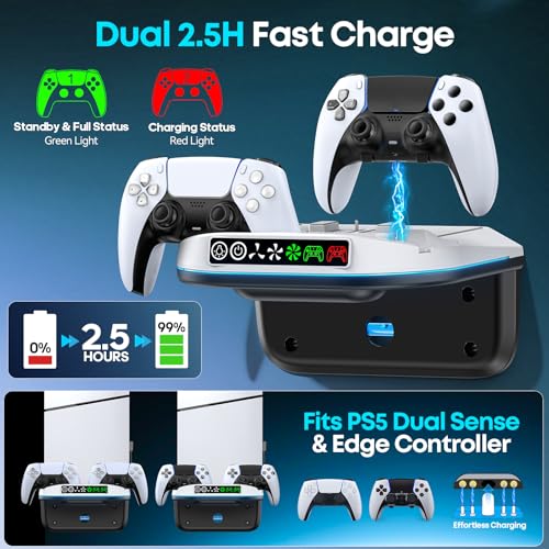 PS5 Wall Mount Kit with Cooling Fan and Charging Station Compatible with PS5/ Slim/Pro Disc and Digital, PS Five Floating Shelf with 9 RGB Lights, PS 5 Mount Behind TV, Sony PSP Cables - color: White And Black