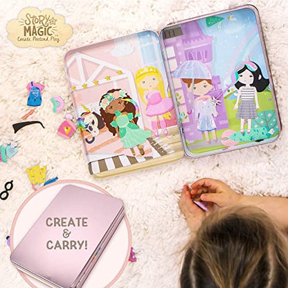 Story Magic Dress-Up Dolls Playset, Pretend Play Magnetic Case, Magnet Outfit and Accessory Pieces, Great for Travel or Playdates, Magnetic On The Go Activity Set for Ages 4, 5, 6, 7 , Pink - style: Travel Dress Up
