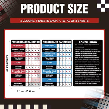 Booson 8Pcs Poker Hand Rankings Chart Rules Plastic Cheat Sheet Cards Reusable Hands Ranking Guide Card for Beginners Texas Hold Game Table Accessories - color: Red and Blue
