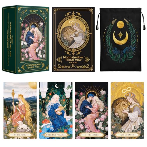 Moonshadow Floral Vow Tarot Cards with Guide Book for Beginners Original Unique Pretty Tarot Oracle, Gold Foil Tarot Cards with Guide Book Set&Gift Box for Beginner& Expert