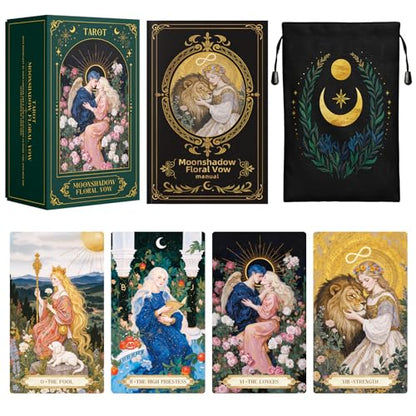 Moonshadow Floral Vow Tarot Cards with Guide Book for Beginners Original Unique Pretty Tarot Oracle, Gold Foil Tarot Cards with Guide Book Set&Gift Box for Beginner& Expert