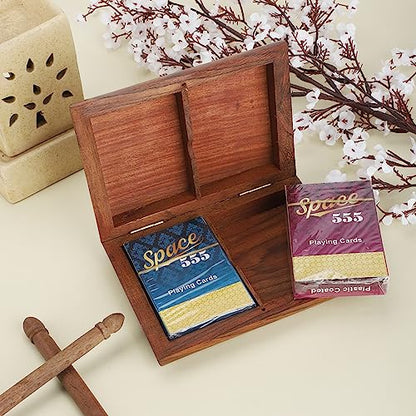 Ajuny Wooden Playing Card Box 15x12 cm, Double Deck Organizer with 2 Sets | Handcrafted Brass Inlay Club Design Elegant Twin Card Collector Decorative Storage Case Organiser Housewarming Gift 15 x 12cm