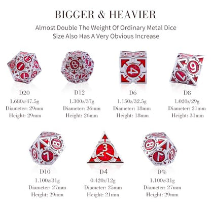 RULE DICE Metal DND Dice Set, D&D Dungeons and Dragons Dice, Large Role Playing Polyhedral D&D Dice Sets, Red Weighted Metallic D and D Dices, MTG RPG Dice DND with D & D Gifts Box - color: Silver-red