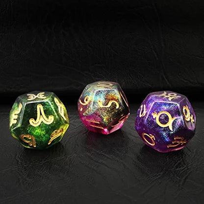 Bescon 3 Pieces Astrological Dice Set, Constellation Divination D12 Dice, 3 Colors Magical Stone Effect - color: Magical Stone Set