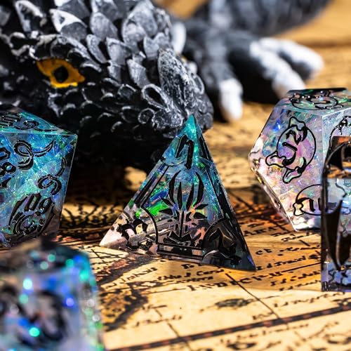 Cusdie 7-Piece Sharp Edges DND Dice Set with Dragon Pattern - Perfect for Tabletop RPGs Board Games Gifting and Collecting(Galaxy/Black Number) - color: Dragon Pattern Tc/B