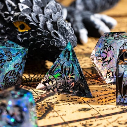 Cusdie 7-Piece Sharp Edges DND Dice Set with Dragon Pattern - Perfect for Tabletop RPGs Board Games Gifting and Collecting(Galaxy/Black Number) - color: Dragon Pattern Tc/B