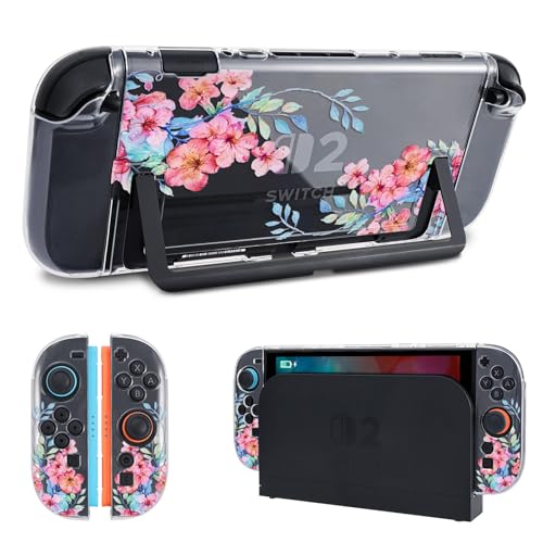 DLseego Protective Case Flower Floral Clear Switch 2 (2025), Detachable Joy-Handle Protective Case 2-Piece Split Full Wrap PC Hard Shell Anti-Scratch All-Round Protection Cover, Peach Blossom, Pink - color: Pink