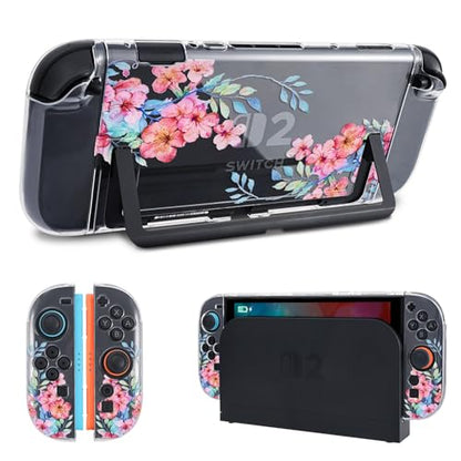 DLseego Protective Case Flower Floral Clear Switch 2 (2025), Detachable Joy-Handle Protective Case 2-Piece Split Full Wrap PC Hard Shell Anti-Scratch All-Round Protection Cover, Peach Blossom, Pink - color: Pink