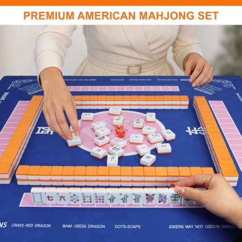 American Mahjong Tile Set - 168 Engrave Mah jongg Tiles Game Sets 1.2-inch Complete Cute Mah Jong, Beautiful Pretty 1.2” Majong Only, Mahjongg with Bag and Dice Accessories (Orange) - color: Orange - 2