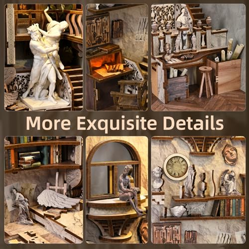 MiniCity Bernini Workshop Book Nook Kit, DIY 3D Wooden Puzzle with LED | Create a sculpture studio for display; LED lighting, glue/tools and guide included; 436 pieces, 6-8 hr build, ages 14+. - style: Bernini's Workshop