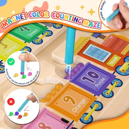 wakeInsa Magnetic Color and Number Maze,Montessori Toys for 2-5 Years Old Boys,Wooden Magnet Balls Puzzles,Toddler Busy Board,Preschool Learning Activities,Christmas & Birthday Gift for Kids - style: Magnet Toys - Train