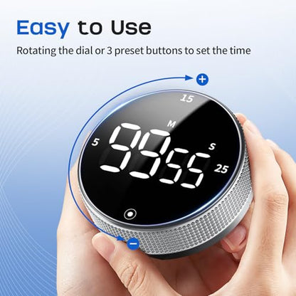 Digital Kitchen Timer with Magnetic - Visual Timer with Large LED Display, Pomodoro Classroom Timers with 3-Preset Times, Volume Adjustable, Countdown & Count Up Timers for Cooking