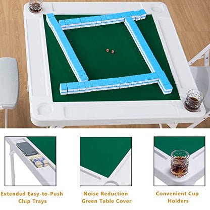 Allpop 35.4’’ Folding Mahjong Table, Square 4 Player Card Game Table with Chip Trays, Cup Holders & Green Professional Tabletop for Domino, Poker, Jigsaw Puzzles