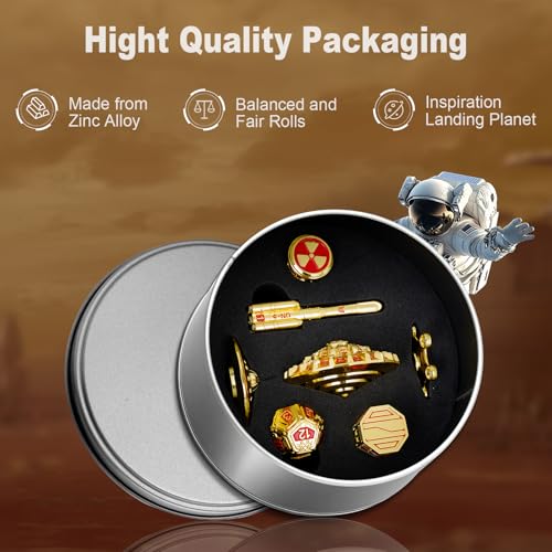 Unique Pioneer Dice Zinc Alloy Metal Dice Set 7pcs DND Dice Mars Planet Theme Polyhedral RPG Dice Set for Dungeons and Dragons Tabletop GamingRocket and UFO Design (Golden) - color: Golden